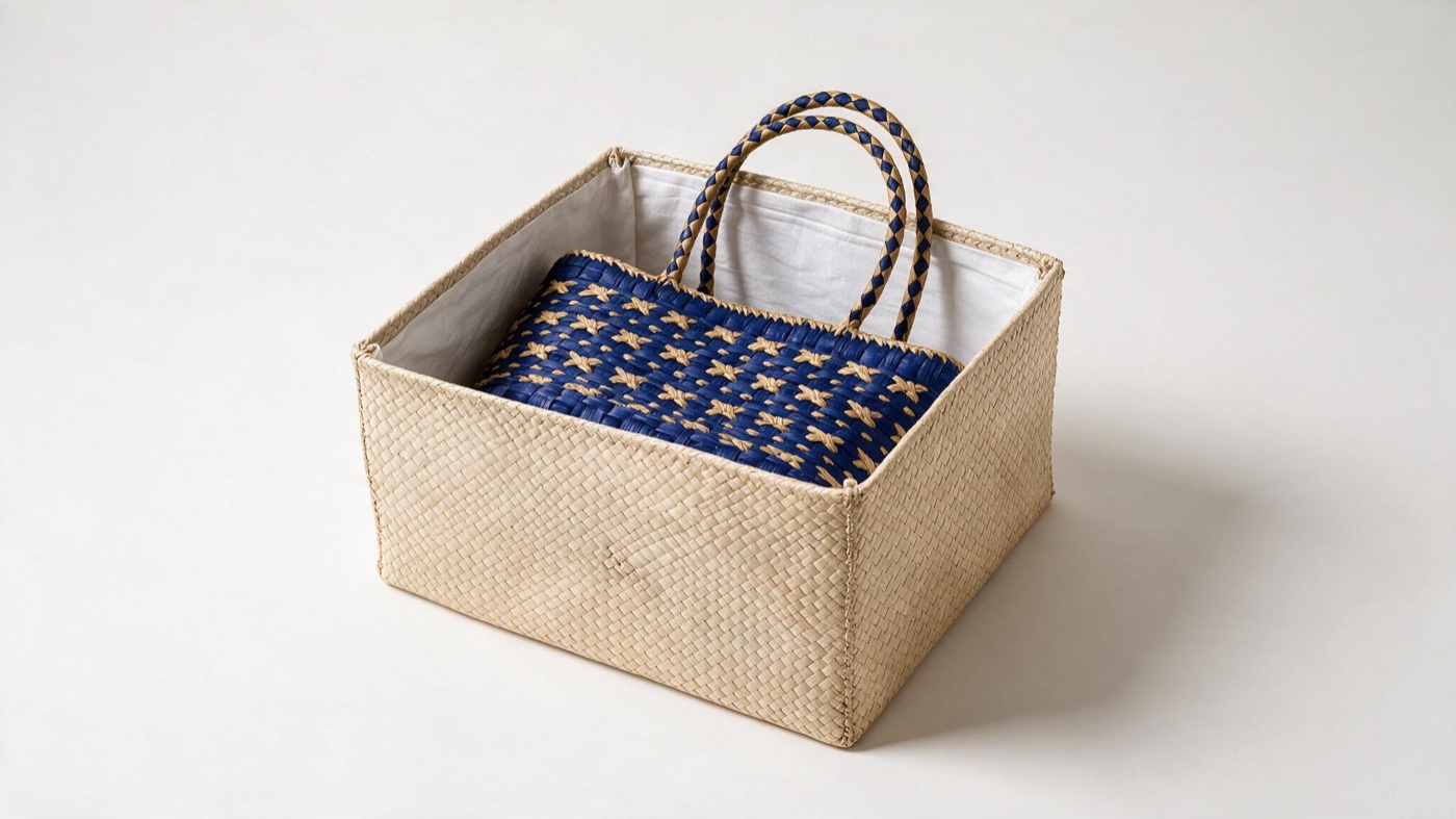 Palm-leaf box bag in an editorial setting